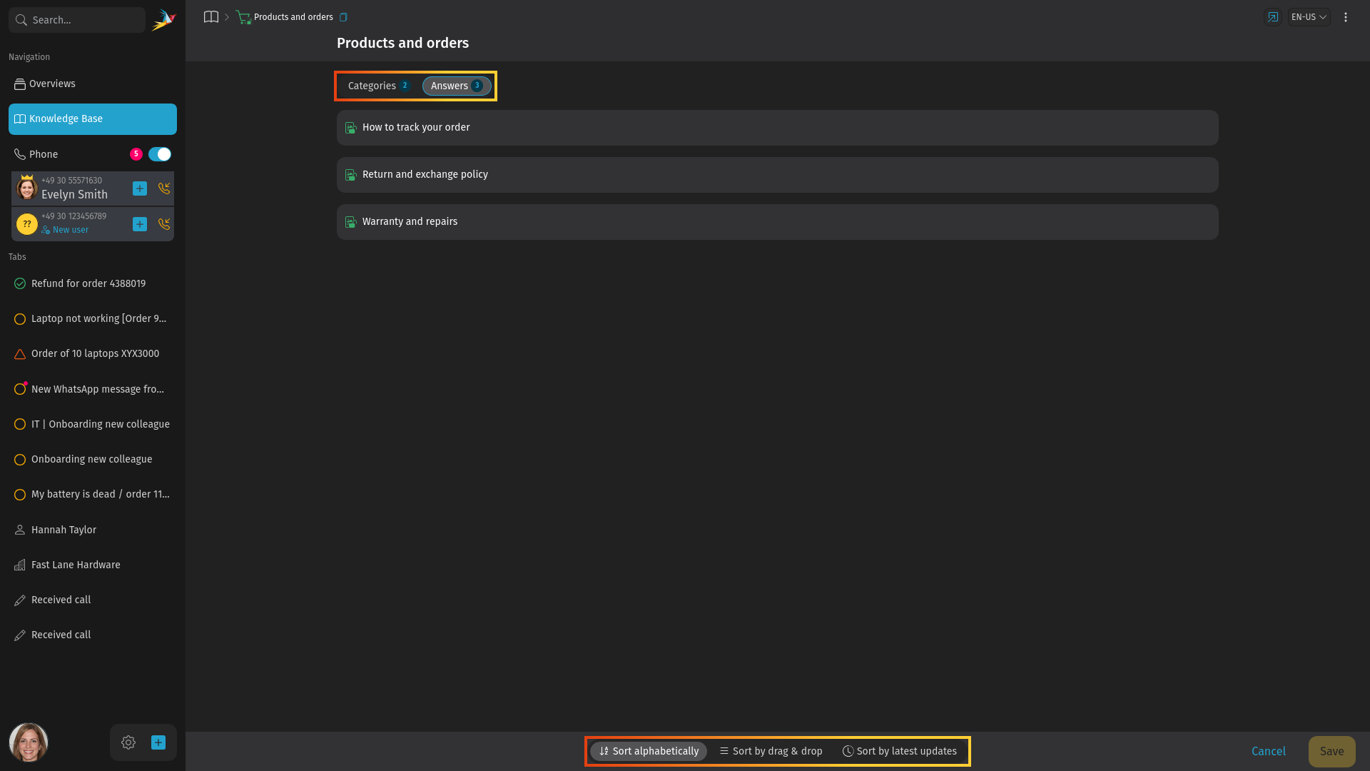 Der Screenshot zeigt die Sortierleiste mit hervorgehobenem
Modus-Umschalter und aktivem
Antworten-Tab