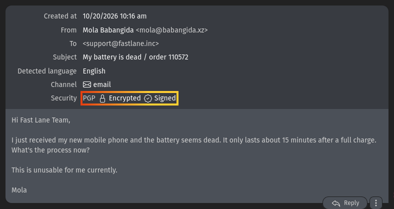 Screenshot zeigt Verschlüsselungs- und Signatur-Icons in einem eingehenden
E-Mail-Artikel