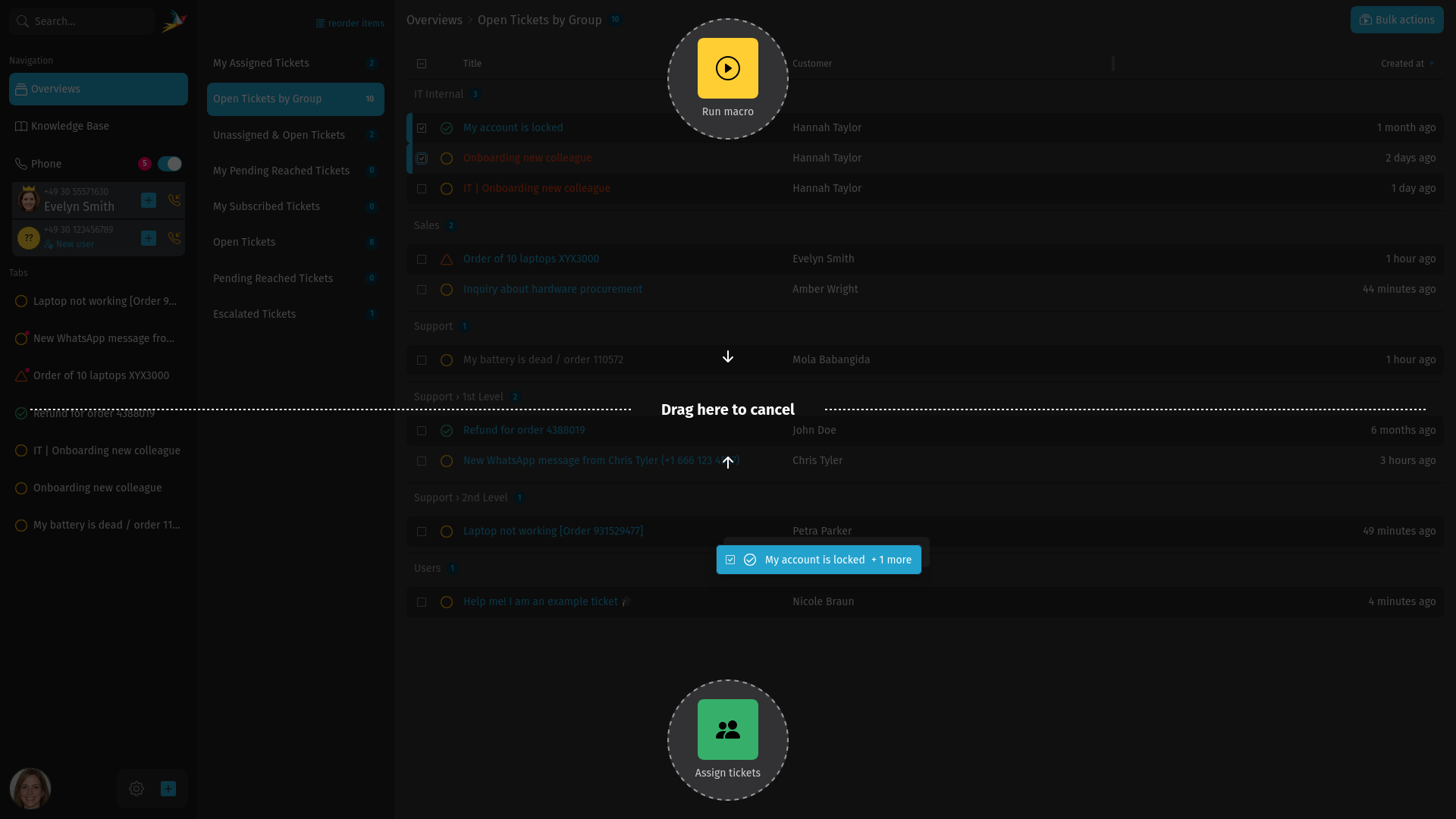 Screenshot shows the bulk action via drag and drop
