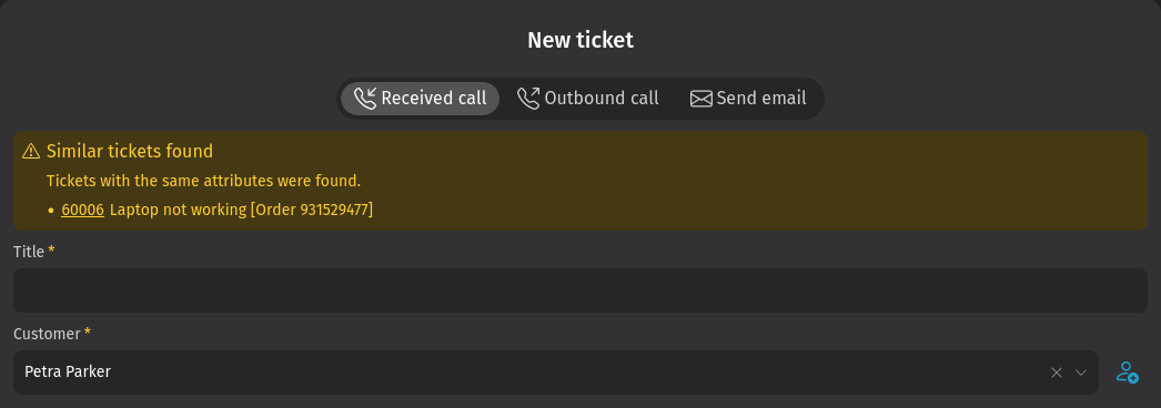 Screenshot shows duplicate ticket warning during ticket creation