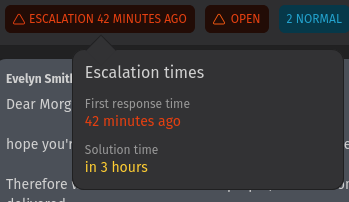 Screenshot shows escalation panel by hovering over escalation timestamp