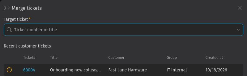 Screenshot shows the ticket merge flyout