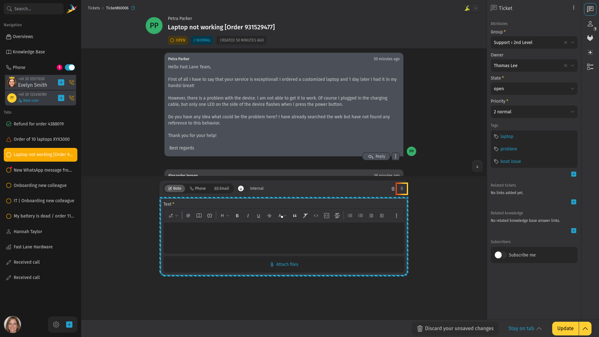 Screenshot shows the article reply form pinned to the bottom of the ticket detail view