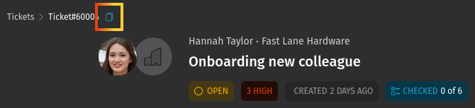 Screenshot shows ticket header with highlighted ticket number copy button