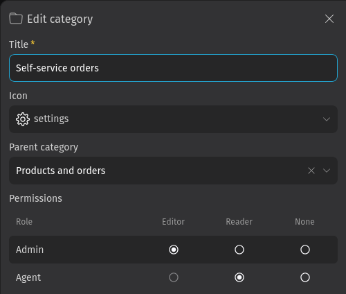 Screenshot shows the edit category flyout with title, icon and parent
fields
