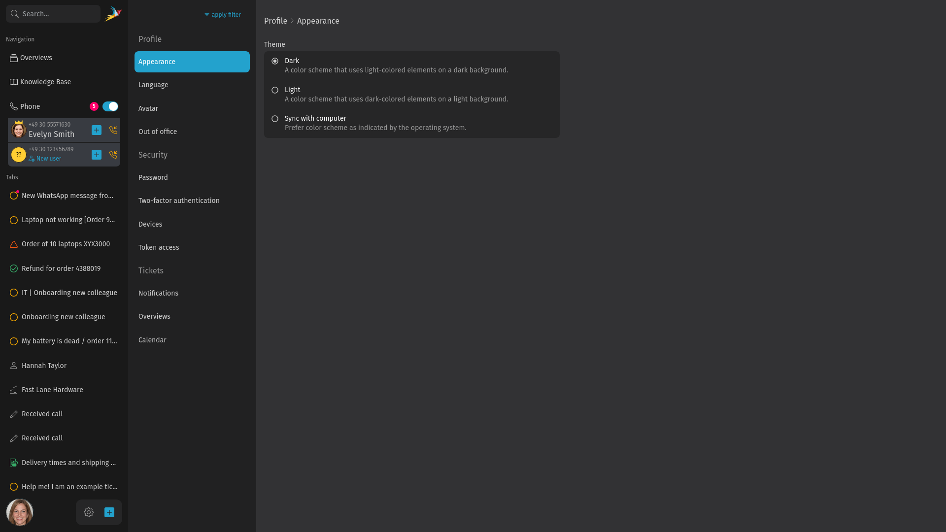 Screenshot shows personal settings of a
user