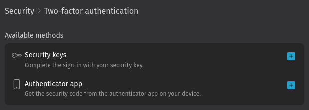 Captura de tela mostra métodos de 2FA nas configurações de perfil do
usuário