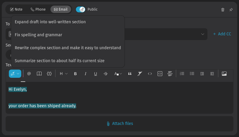 Captura de tela mostra o menu inteligente do editor do
Zammad