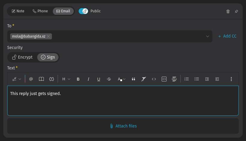 Captura de tela mostrando email de saída que é apenas assinado e não
criptografado