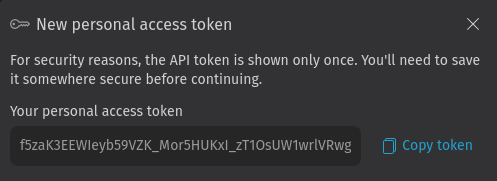Captura de tela mostra o painel flutuante com o token criado e o botão de
copiar