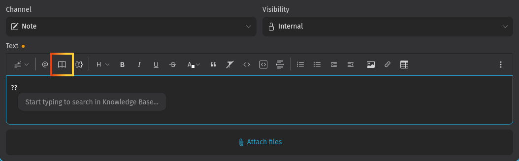 Screenshot shows inserting knowledge base
article
