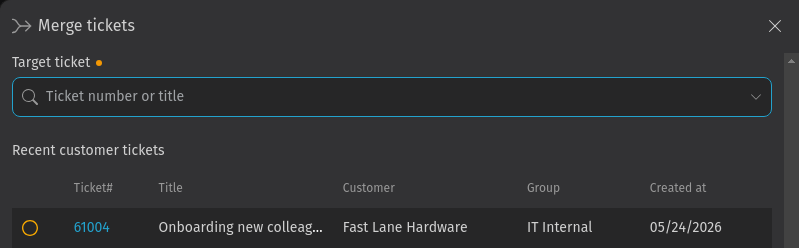 Screenshot shows the ticket merge side
panel