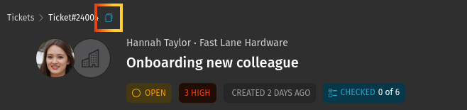 Screenshot shows ticket header with highlighted ticket number copy
button