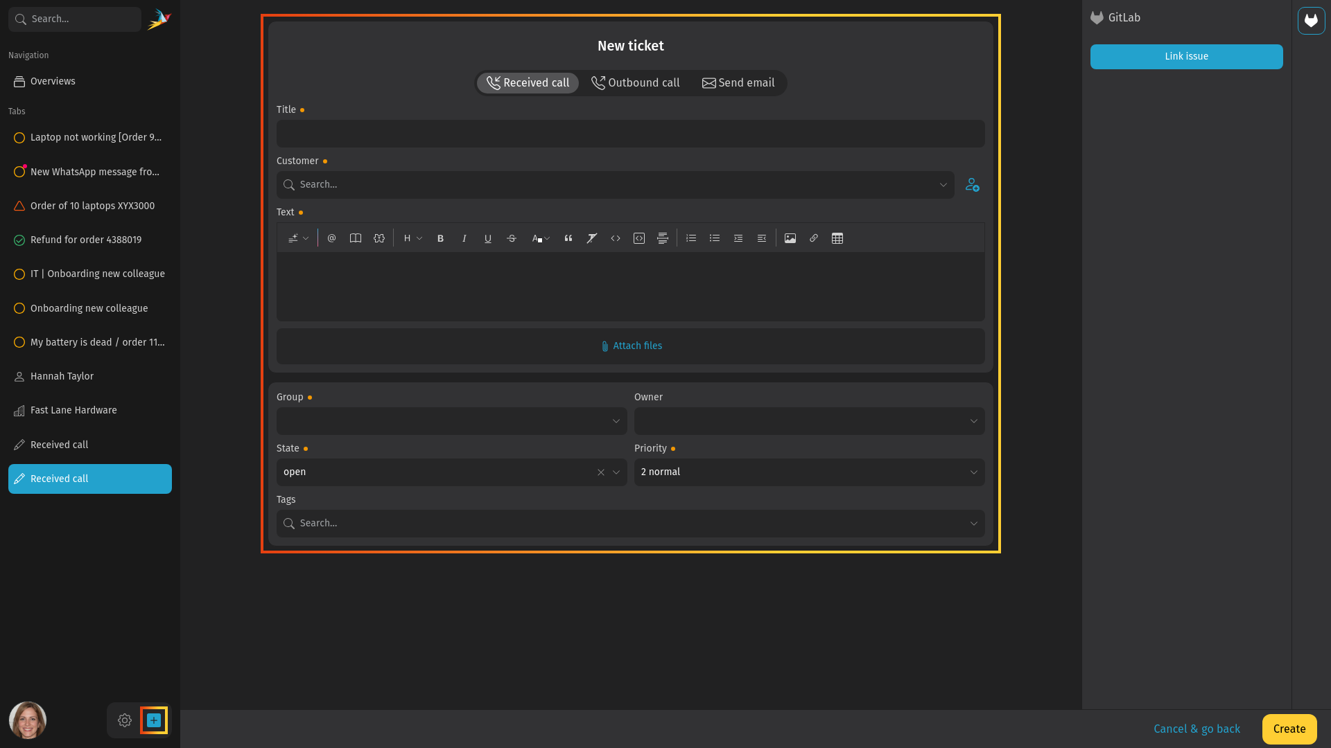 Screenshot shows ticket create
screen
