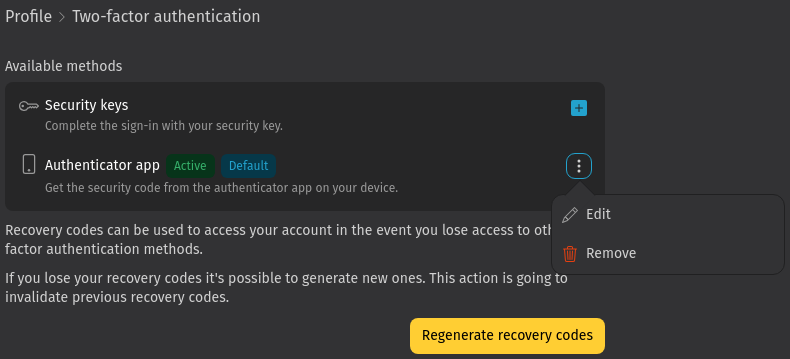 Screenshot shows the action menu for an already set up 2FA method