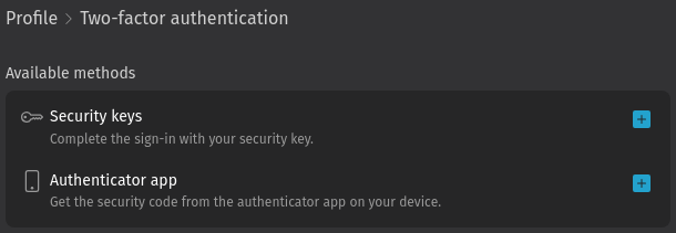 Screenshot shows 2FA methods in user profile settings