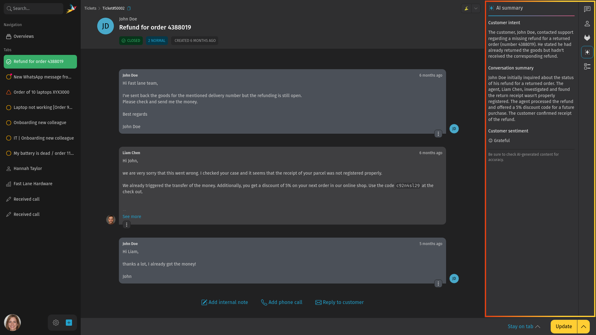 Screenshot shows Zammad's ticket detail view with highlighted ticket summary banner and summary sidebar