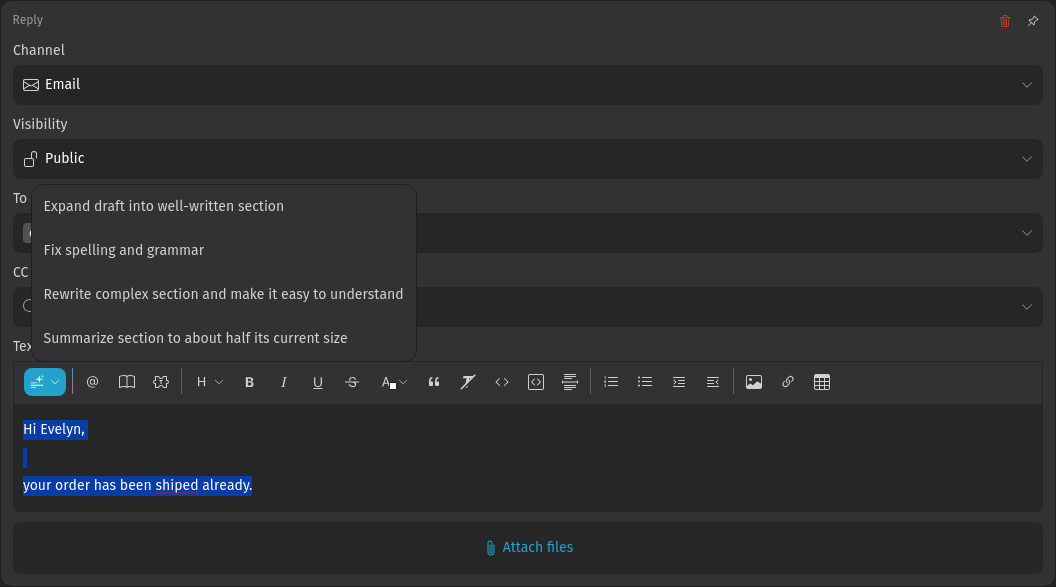Screenshot shows Zammad's smart editor menu