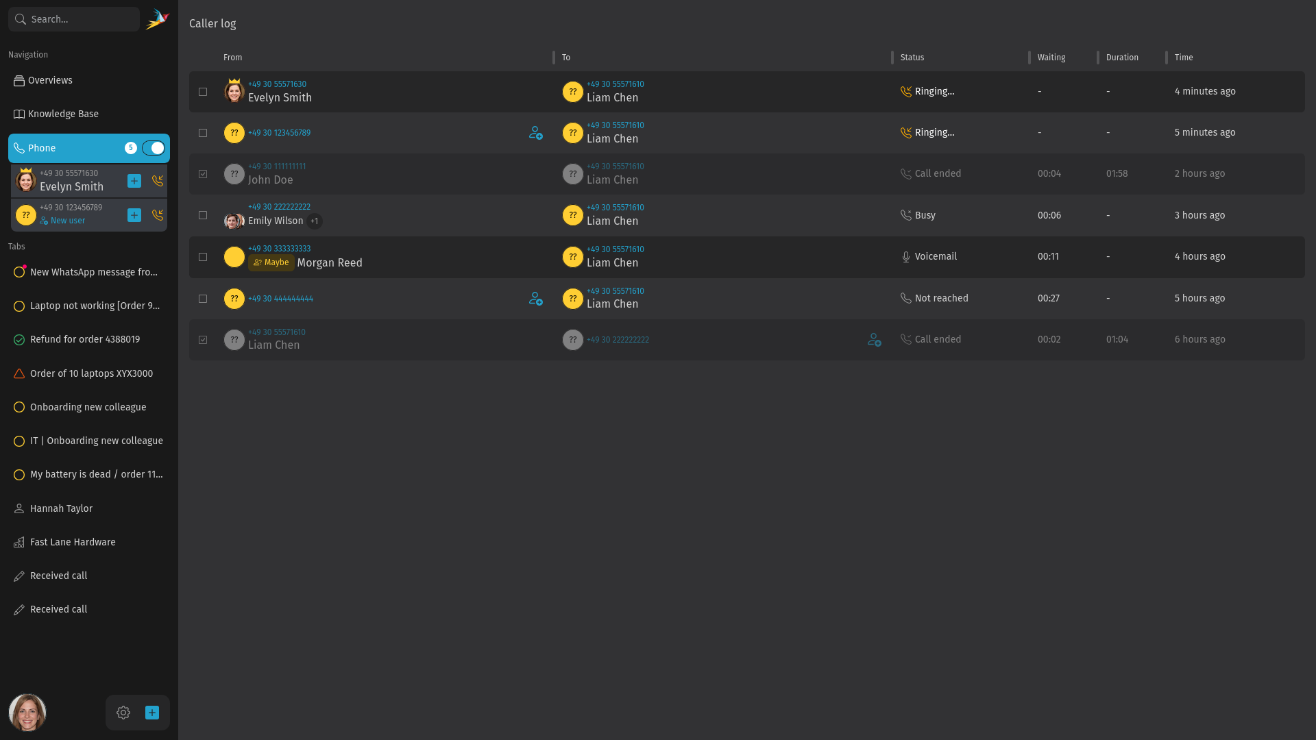 Screenshot shows the caller log in the Zammad desktop view