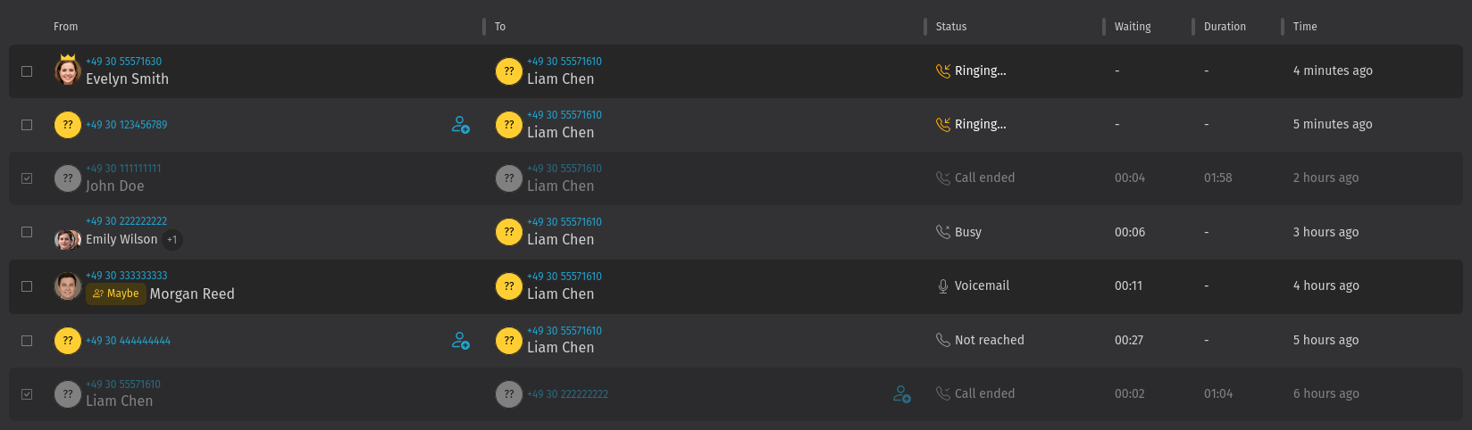 Screenshot shows the caller log with call entries and the different caller matches