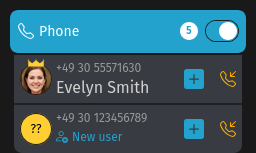 Screenshot shows the Phone entry in the navigation sidebar with a ringing call from a known and an unknown caller below it