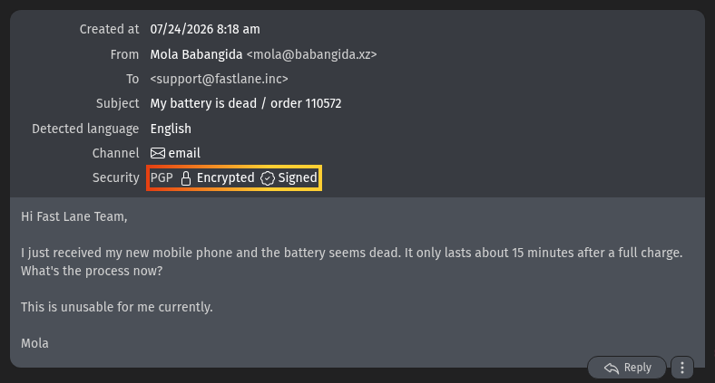 Screenshot zeigt Verschlüsselungs- und Signatur-Icons in einem eingehenden
E-Mail-Artikel