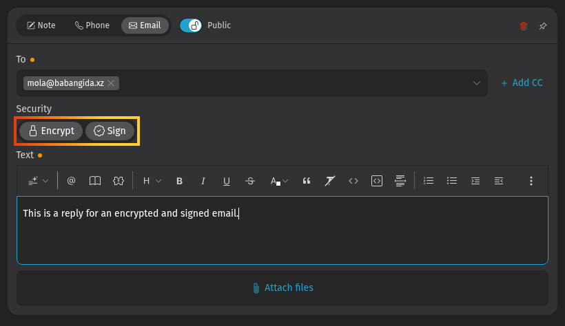 Screenshot zeigt Verschlüsseln- und Signieren-Schaltflächen im
Email-Artikel-Editor
