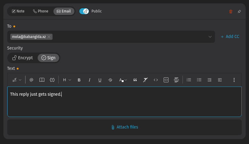 Screenshot zeigt ausgehende Email, die nur signiert und nicht
verschlüsselt
wird