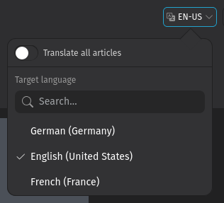 Screenshot shows the language menu with the language list and the switch for translating all articles