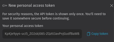 Screenshot shows side panel with created token and copy button