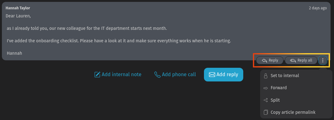 Screenshot shows article reply actions