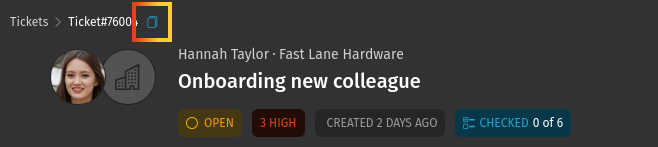 Screenshot shows ticket header with highlighted ticket number copy button