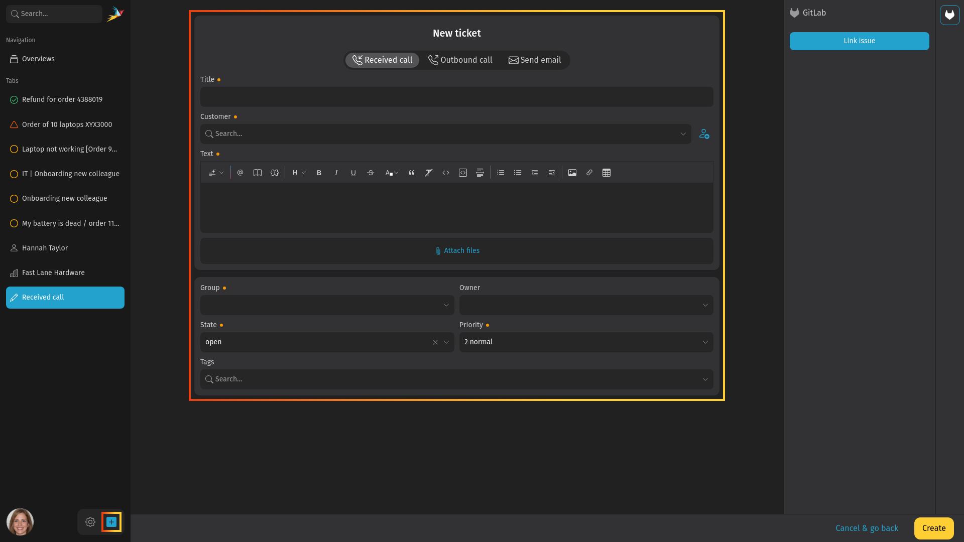Screenshot shows ticket create screen