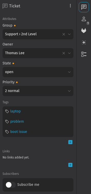 Screenshot shows ticket sidebar