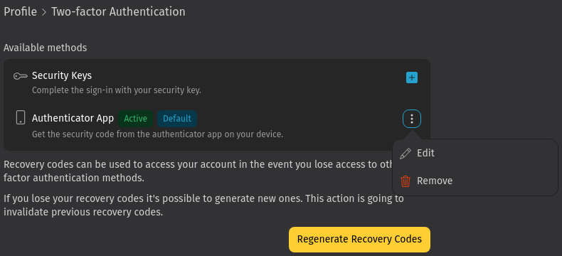 Screenshot shows the action menu for an already set up 2FA method
