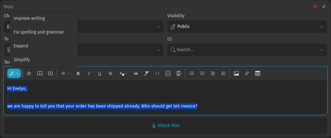Screenshot shows Zammad's smart editor menu
