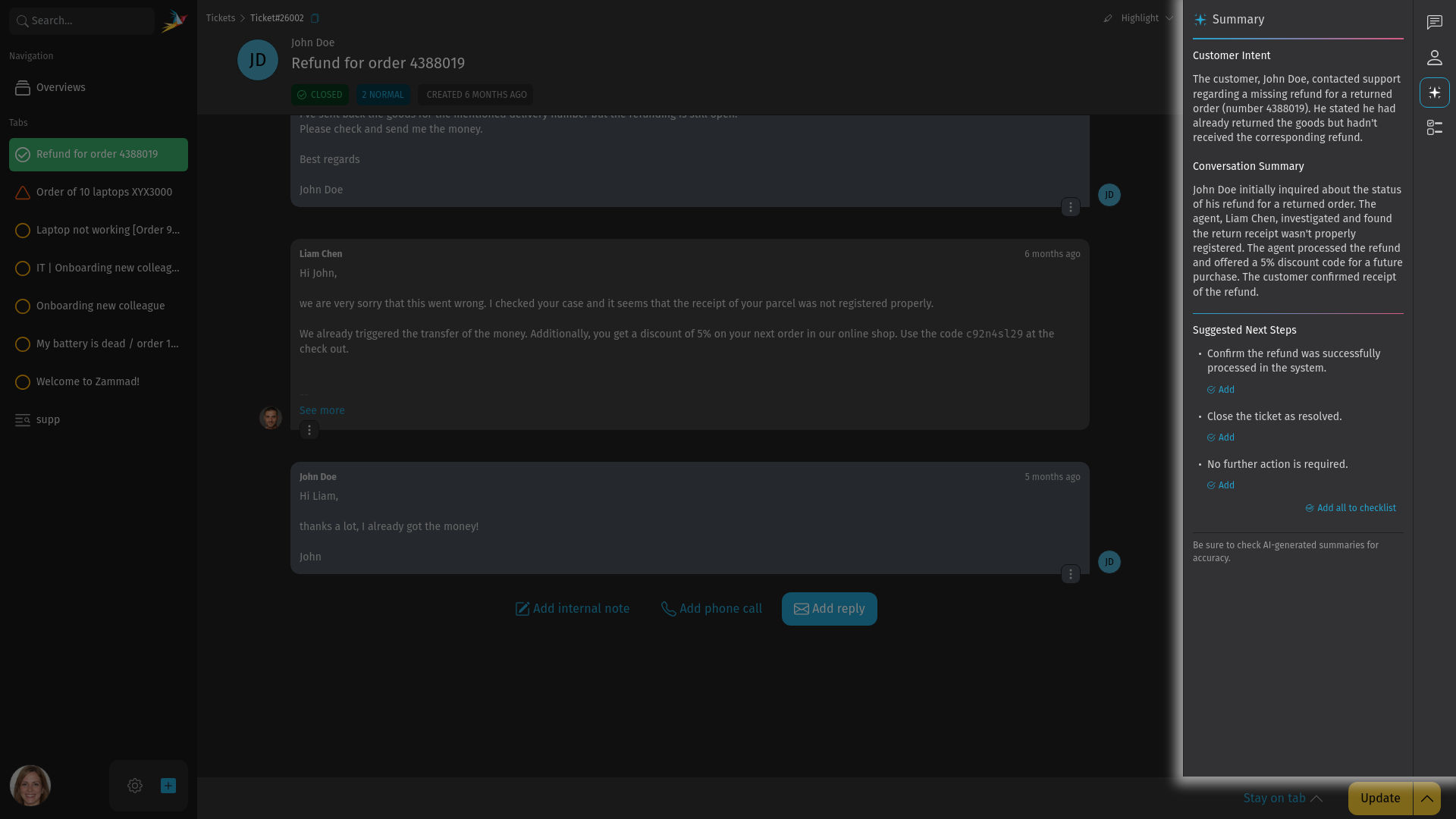 Screenshot shows Zammad's ticket detail view with highlighted ticket summary banner and summary sidebar