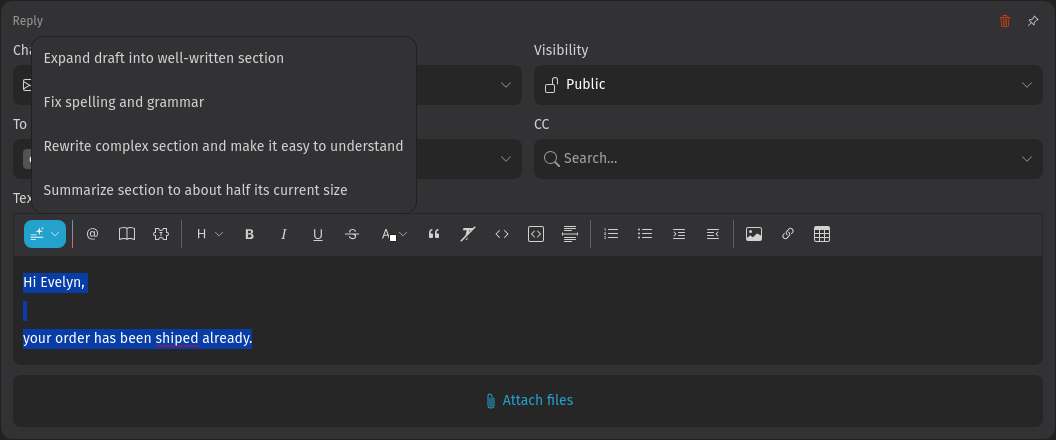 Screenshot shows Zammad's smart editor menu