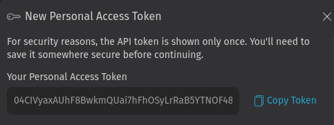 Screenshot zeigt Seiten-Panel mit erstelltem Token und
Kopierschaltfläche