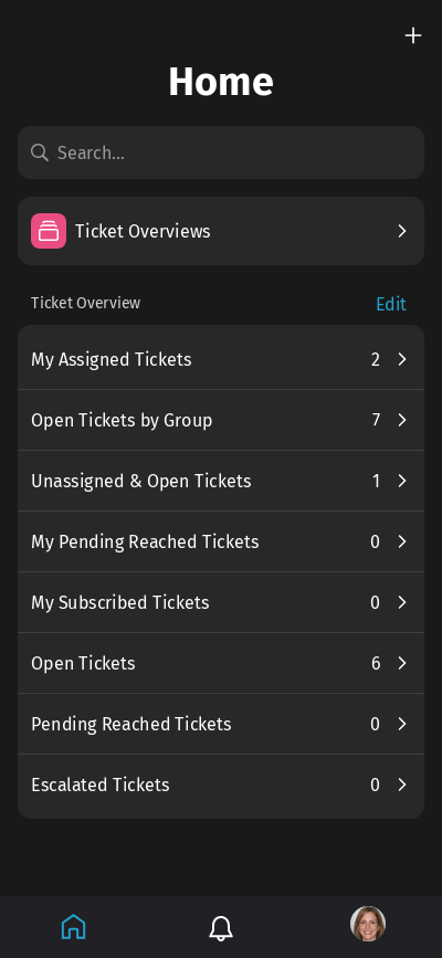 Screenshot shows home screen of Zammad's mobile view