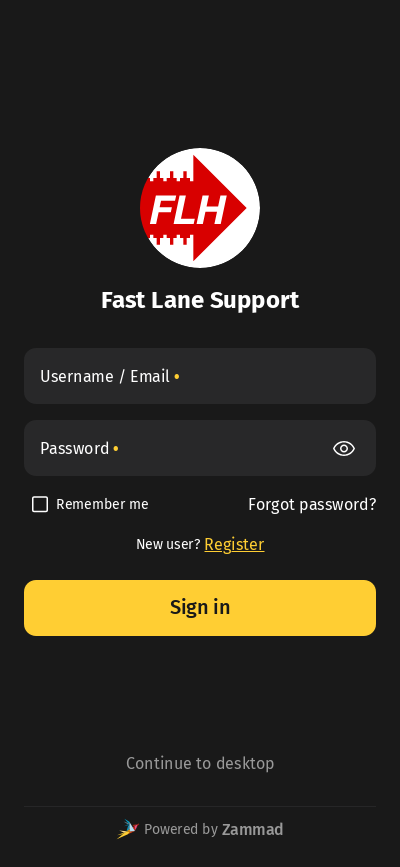 Screenshot shows login screen of Zammad's mobile view