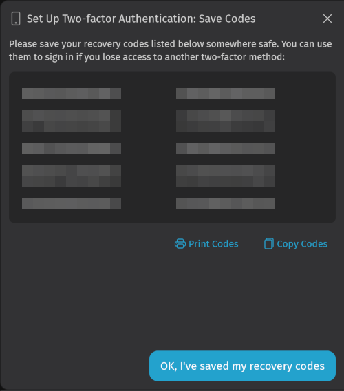 Screenshot shows output of recovery codes during 2FA setup