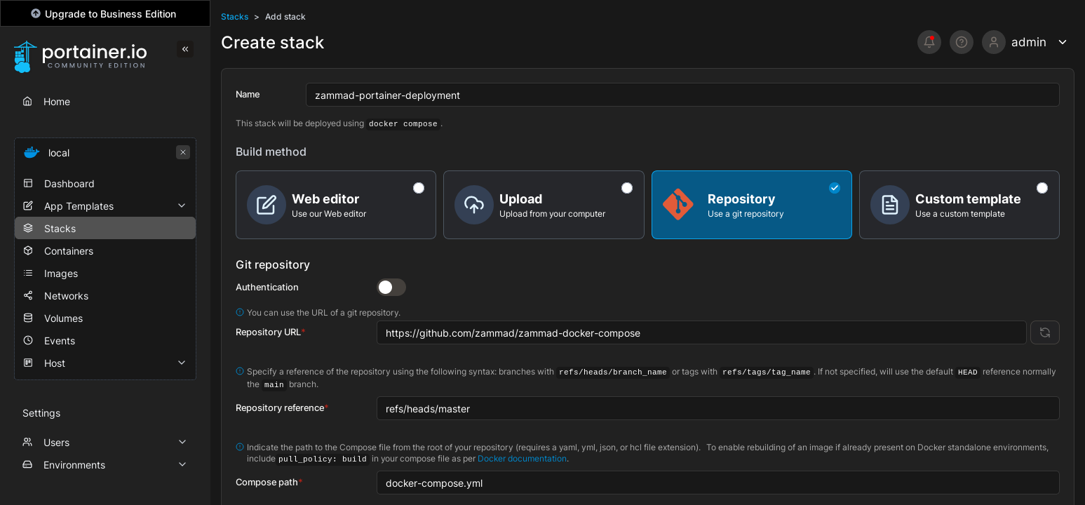 Stack-Erstellung mit Informationen aus der
Repository-Ansicht