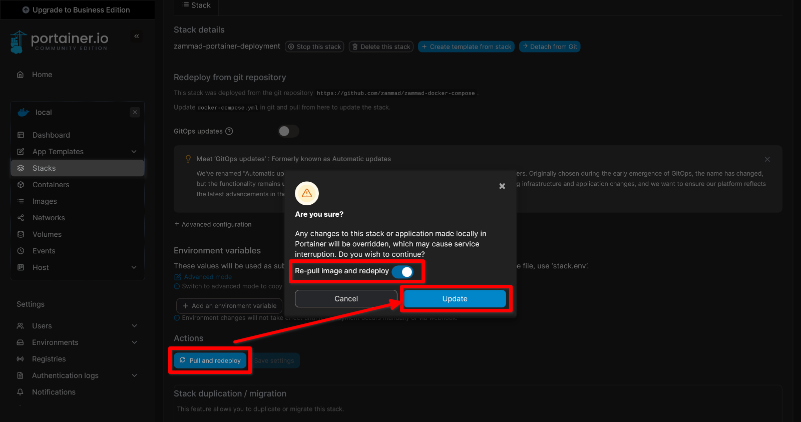 Highlighted stack update in Portainer