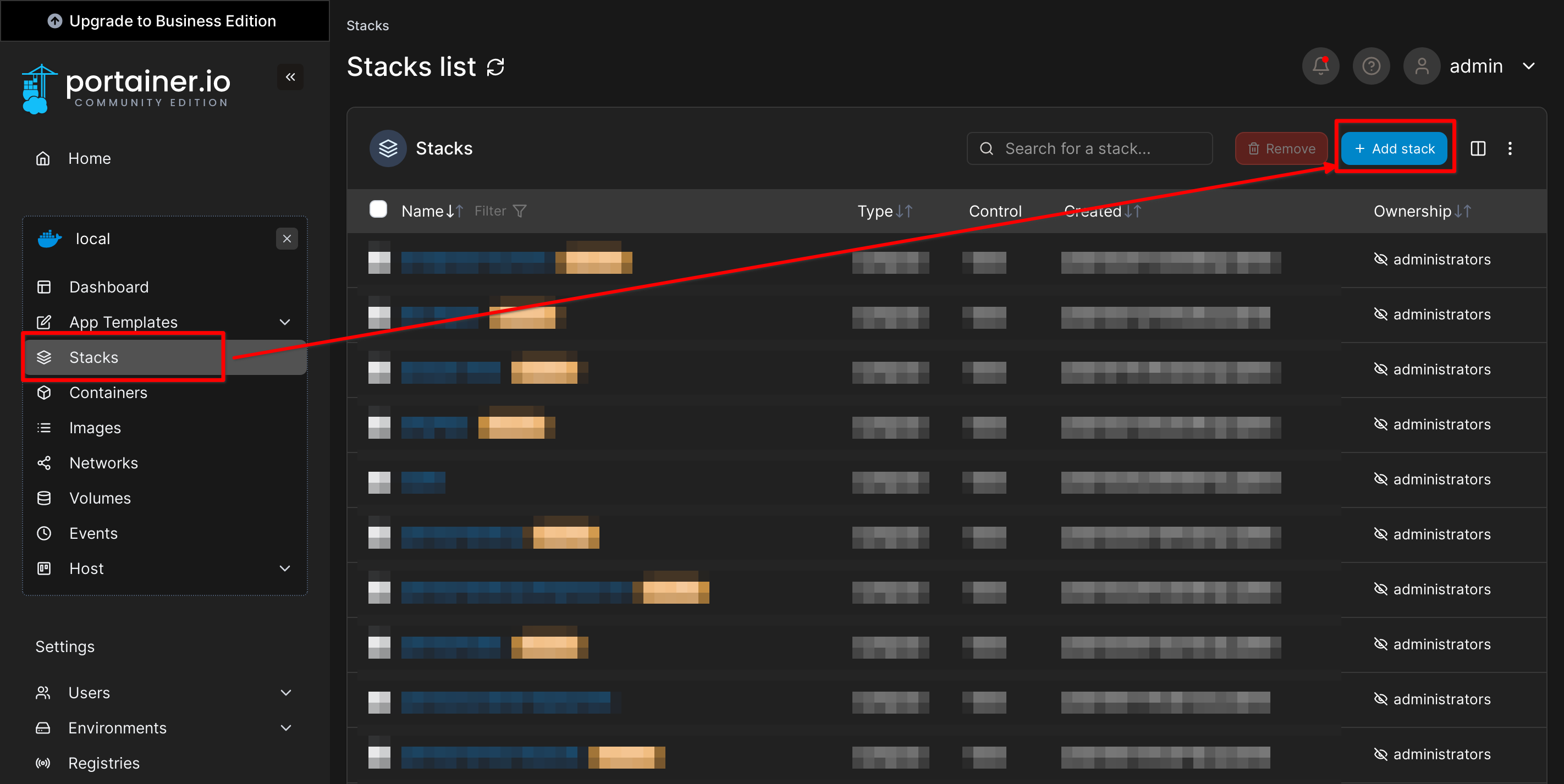 Screenshot mit Abschnitt Stack und markiertem "Add Stack" in
Portainer.