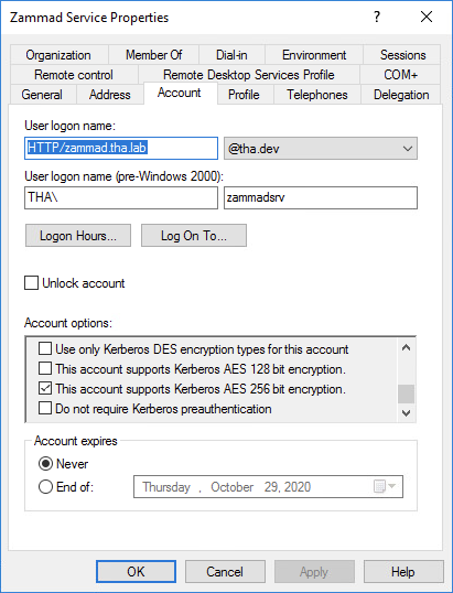 Screenshot Active Directory service account settings